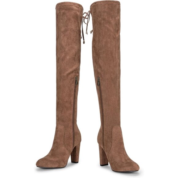 Women's Mocha Toffee Suede Inner Zipper Thigh High Over The Knee High Heel Boots - Picture 6 of 9